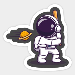 Cute Astronaut Hit Planet Ball With Baseball Stick Cartoon Sticker